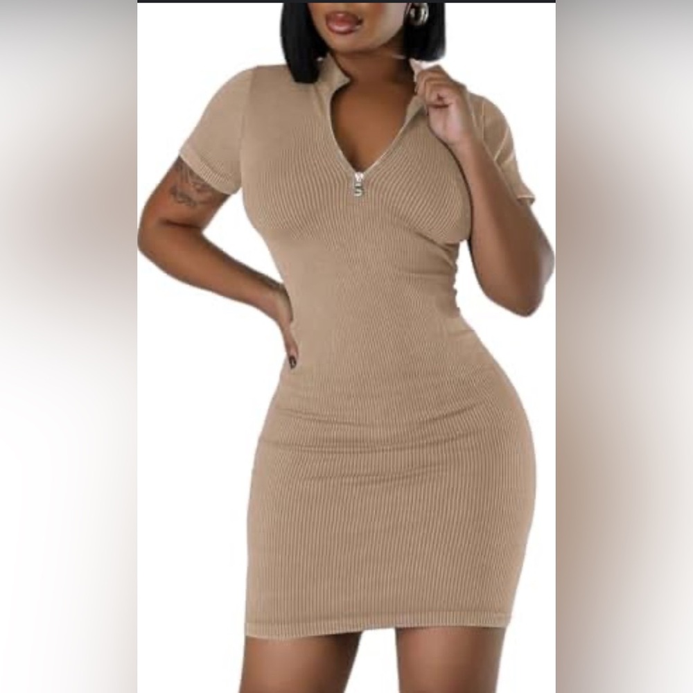 Tan Ruched Ribbed Bodycon Dress